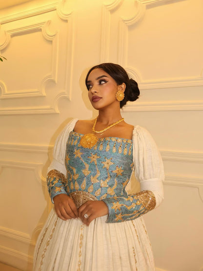 Turquoise & Gold Habesha Kemis – Elegant Traditional Ethiopian Wedding Dress