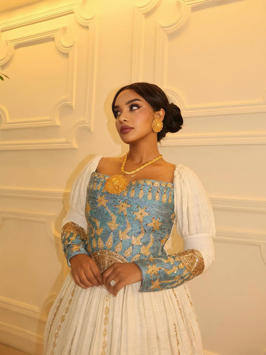 Turquoise & Gold Habesha Kemis – Elegant Traditional Ethiopian Wedding Dress