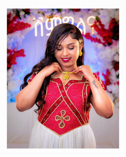 Radiant Habesha Kemis Traditional Ethiopian Wedding Dress Red Pattern Habesha Dress 168