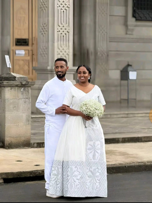 White Habesha Couple Outfit Traditional Ethiopian Dress Set Elegant Kemis for Him & Her