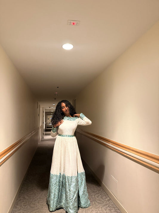 Stylish Habesha Dress White and Mint Ethiopian Traditional Clothing