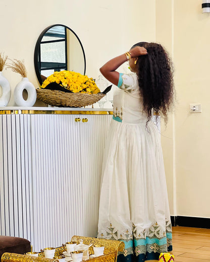 Beautiful Habesha Kemis Online Classic Traditional Ethiopian Clothing Turquoise Detailing Habesha Dress 221