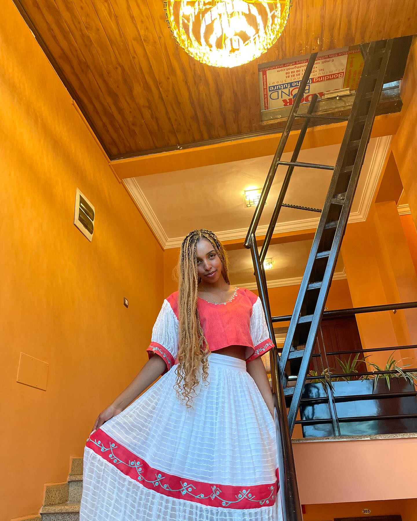 Habesha Dress Ethiopian Traditional White & Red Cultural Kemis