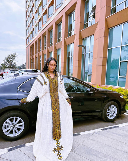 Premium Habesha Kemis Online Unique Ethiopian Dress & Traditional Wear Bold Geometric Embroidery Habesha Dress 248