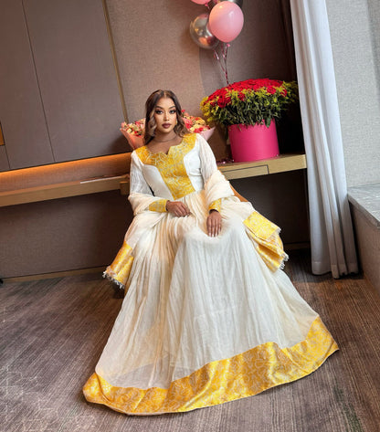 Yellow Woven Habesha Kemis Long Sleeve Traditional Ethiopian Clothing Habesha Dress For Events 251