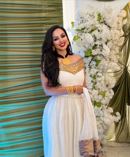 Authentic Habesha Dress Yellow And Purple Woven Habesha Kemis Traditional Ethiopian dress 263