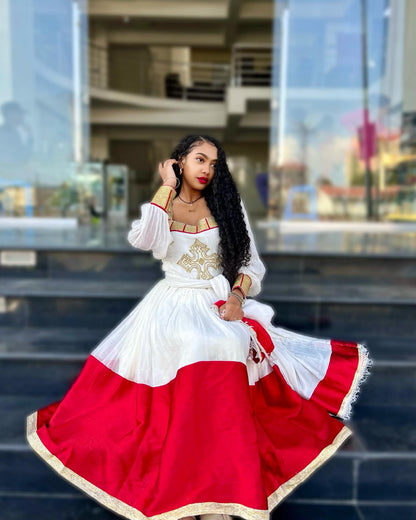 Red Woven Ethiopian Dress Long Sleeve Habesha Dress Habesha Kemis For Cultural Celebrations 264