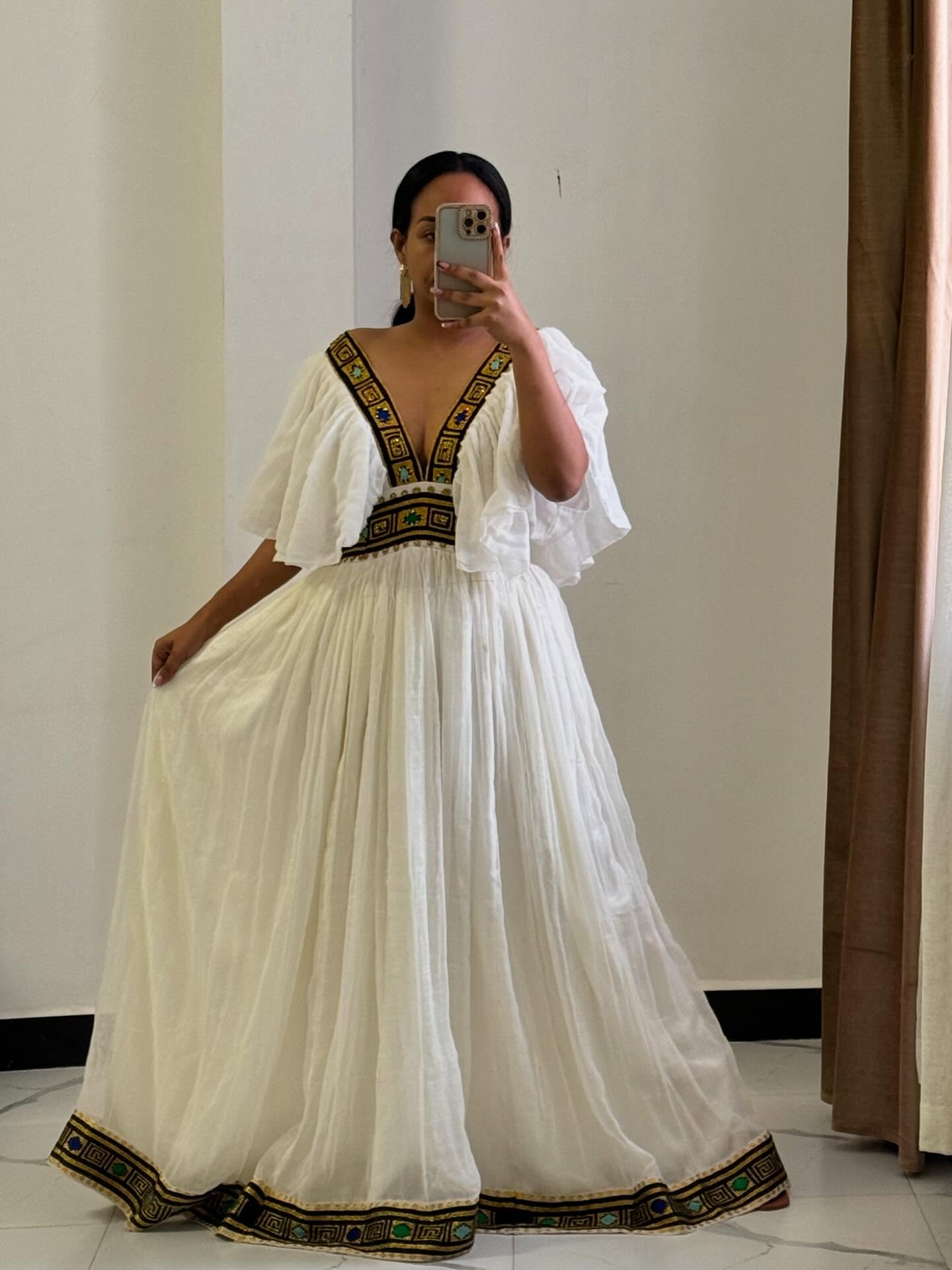 V-neckline Habesha Dress Handcrafted Ethiopian Dress Habesha Kemis with Traditional Embroidery 266