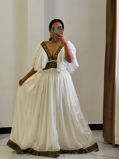V-neckline Habesha Dress Handcrafted Ethiopian Dress Habesha Kemis with Traditional Embroidery 266