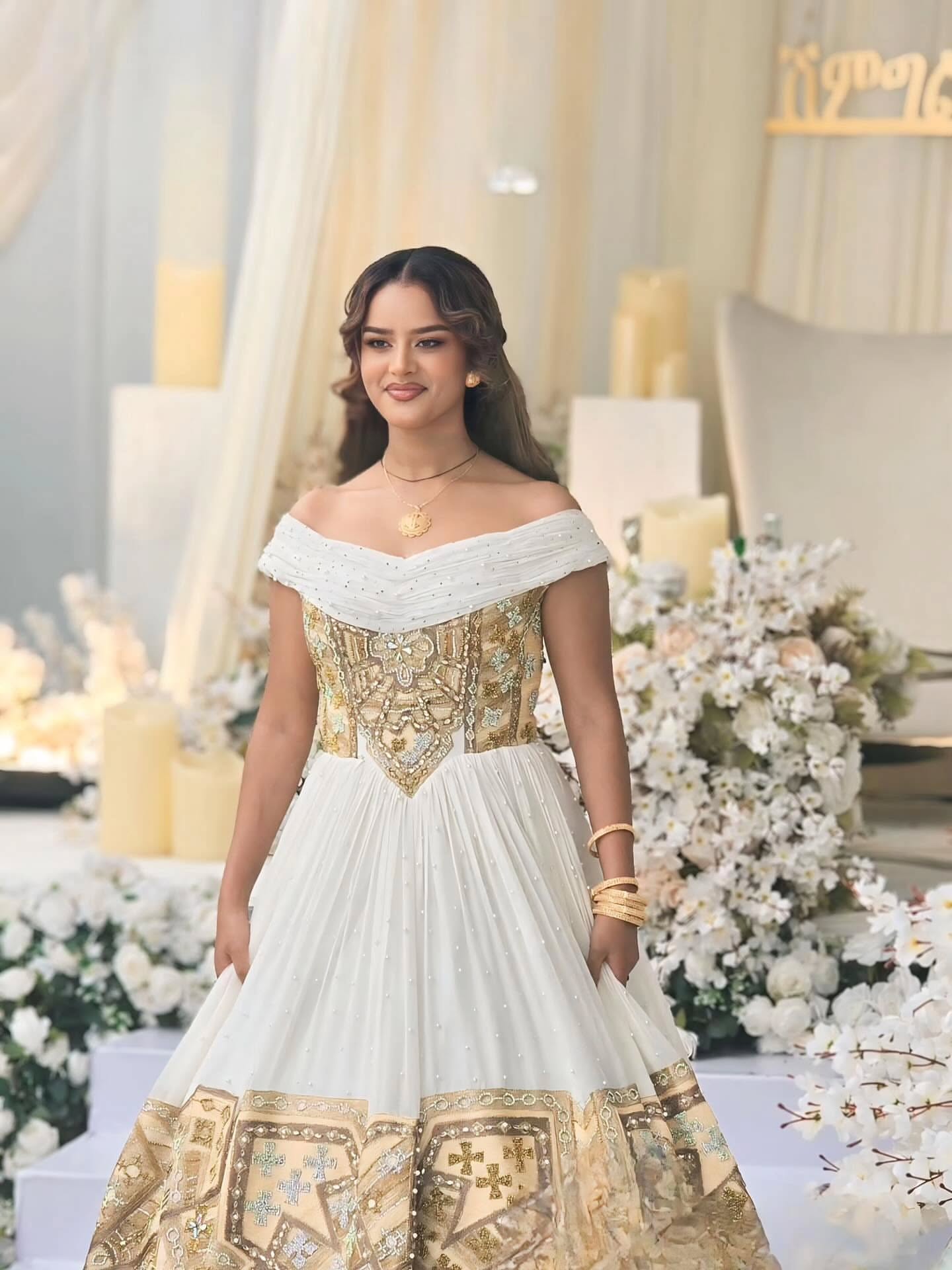 Ethiopian Wedding Dress Golden Habesha Kemis Traditional Ethiopian Dress with Handwoven Detail 267