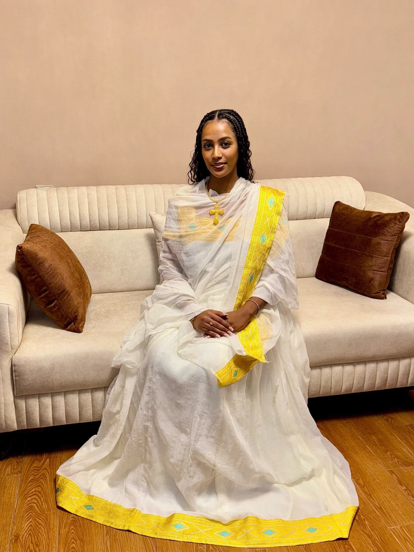 Yellow Pattern Ethiopian Dress Timeless Habesha Kemis Short Sleeve Habesha Dress 270