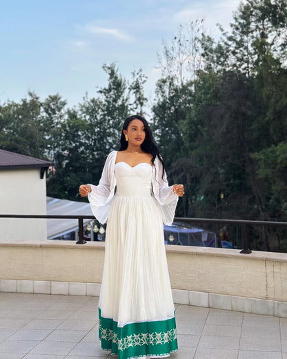 Green Hem Embroidered Habesha Dress Authentic Ethiopian & Eritrean Dress Vibrant Habesha Kemis 276