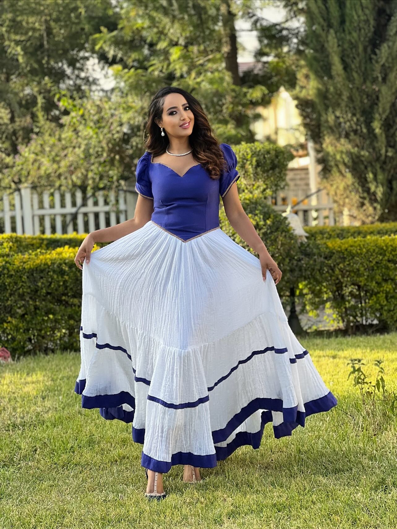 Puff Sleeve Habesha Kemis Blue Design Habesha Dress Traditional Ethiopian Clothing 277