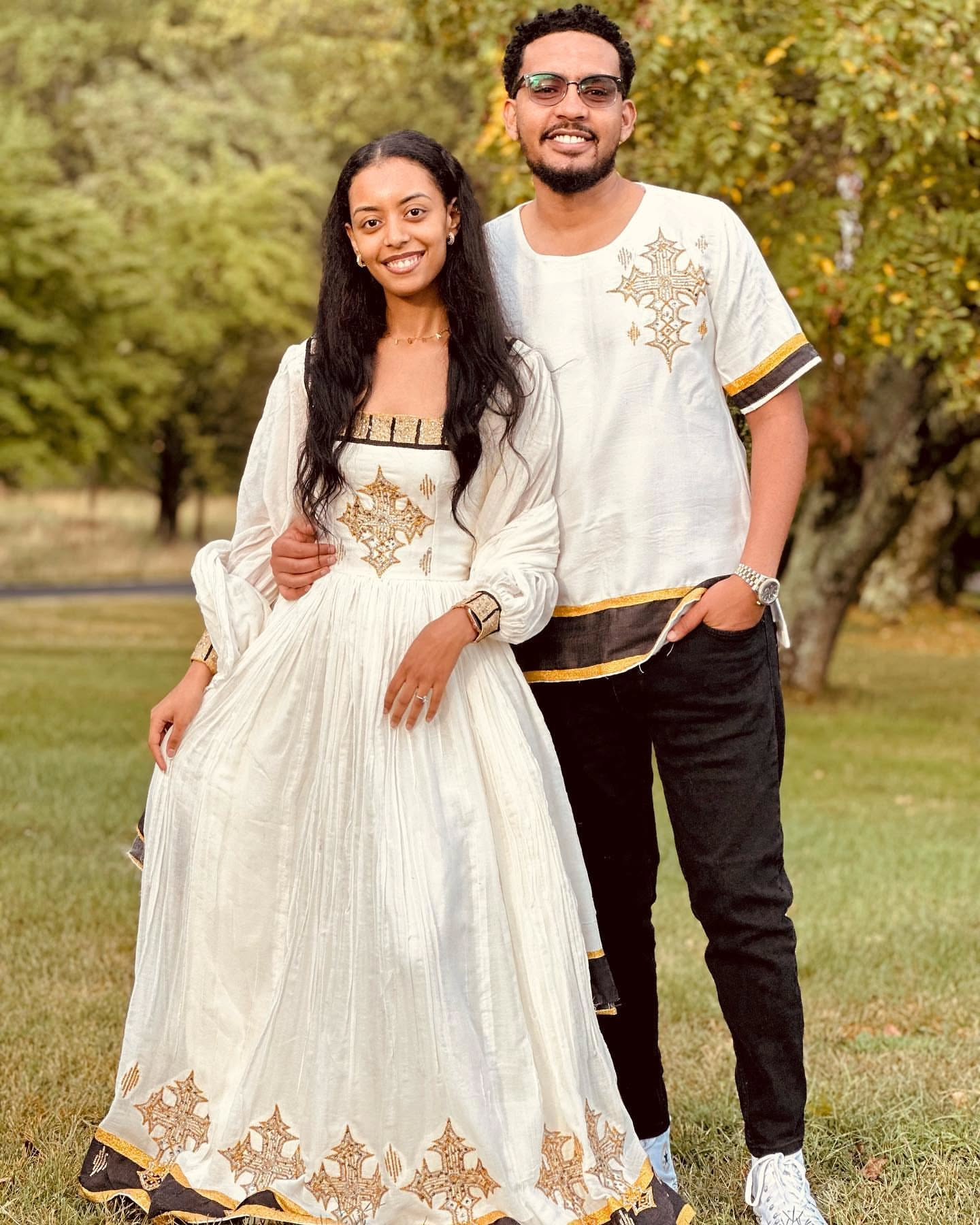 Habesha Cloth for Couples Stylish Habesha Dress & Men's Shirt Traditional Ethiopian Clothing Set 285