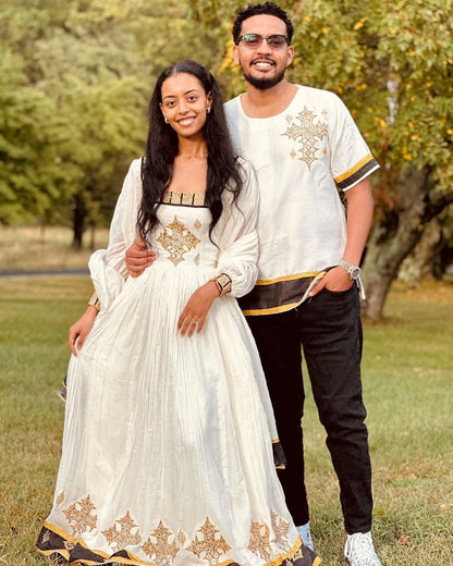 Habesha Cloth for Couples Stylish Habesha Dress & Men's Shirt Traditional Ethiopian Clothing Set 285