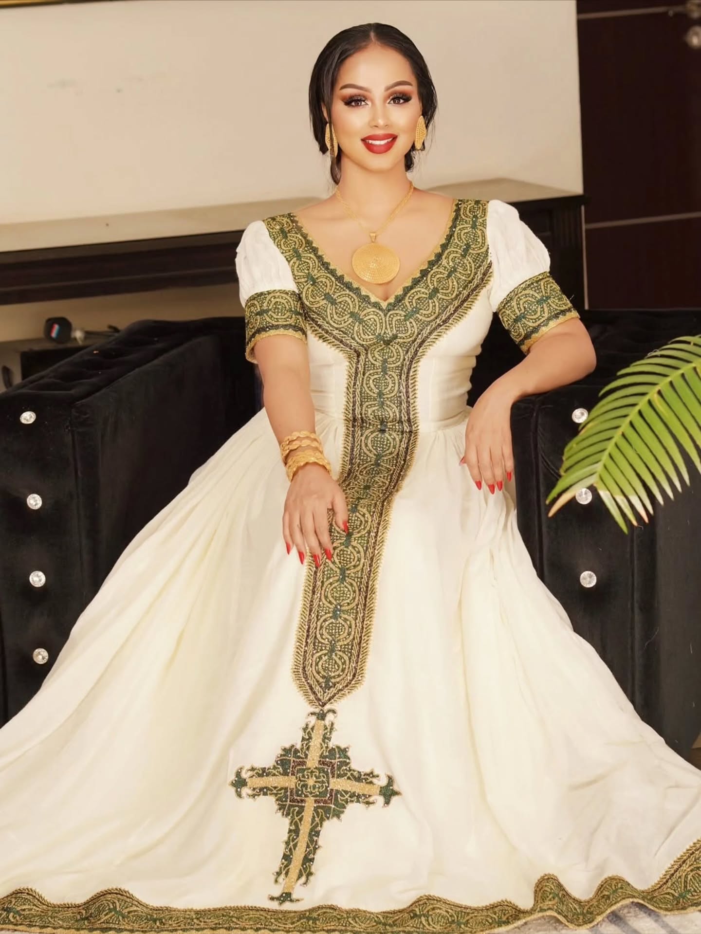 Elegant Habesha Dress with Green–Gold Traditional Embroidery