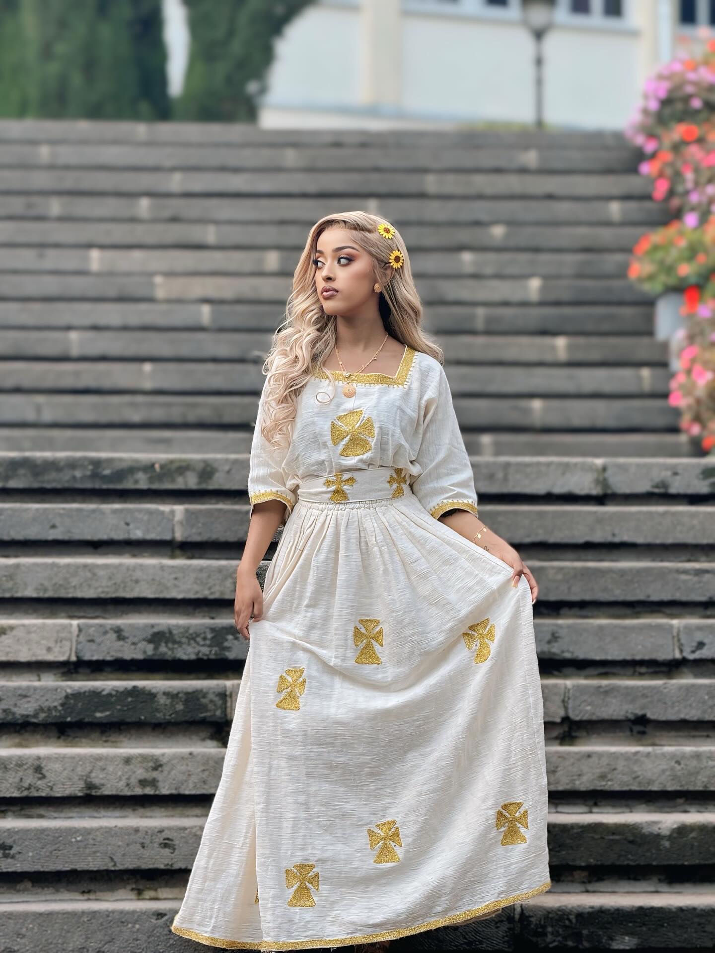 White & Gold Habesha Dress Hand Embroidered Habesha Kemis Ethiopian Traditional Dress for Women 301