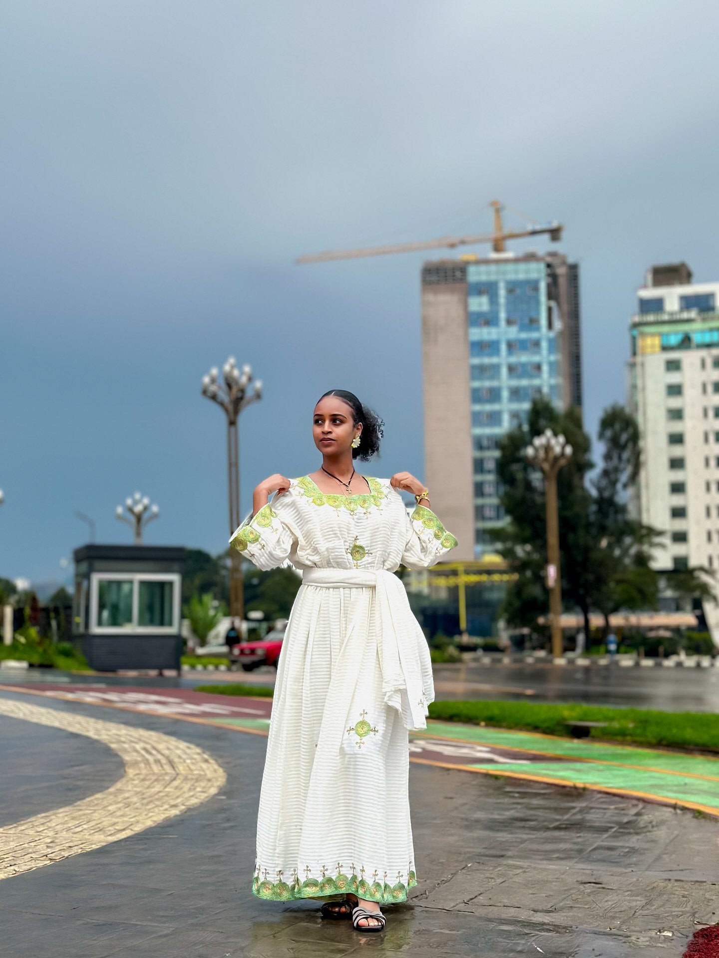 Green Embroidered Habesha Dress White Traditional Ethiopian Dress Soft Habesha Kemis 302