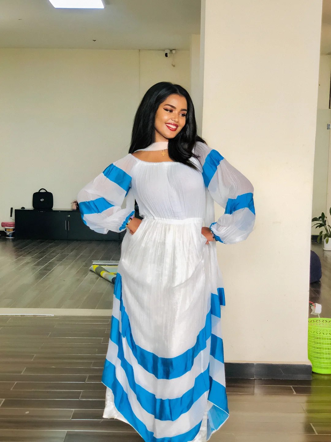 Modern Blue-Striped Habesha Kemis  Elegant Habesha Dress & Ethiopian Clothing