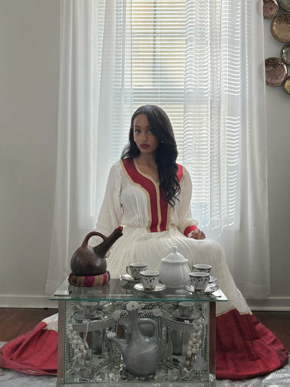 Red Woven Habesha Kemis Long Sleeve Habesha Dress Charming Ethiopian Traditional Dress 308