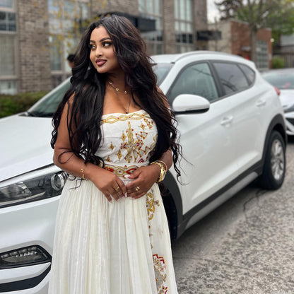 Golden Traditional Ethiopian Dress Cross Embroidered Habesha Kemis Traditional Ethiopian Habesha Dress 309