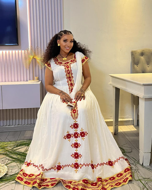 Red & Gold Embroidered habesha kemis Stylish Traditional Ethiopian Dress