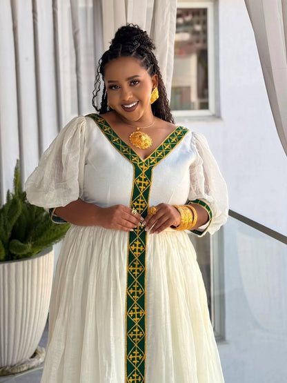 Green And Gold Embroidery Habesha Dress Cross Design Eritrean Dress Graceful Habesha Kemis 366