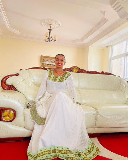 Traditional Ethiopian Clothing Design Green And Gold Woven Habesha Kemis Festive Habesha Dress 367