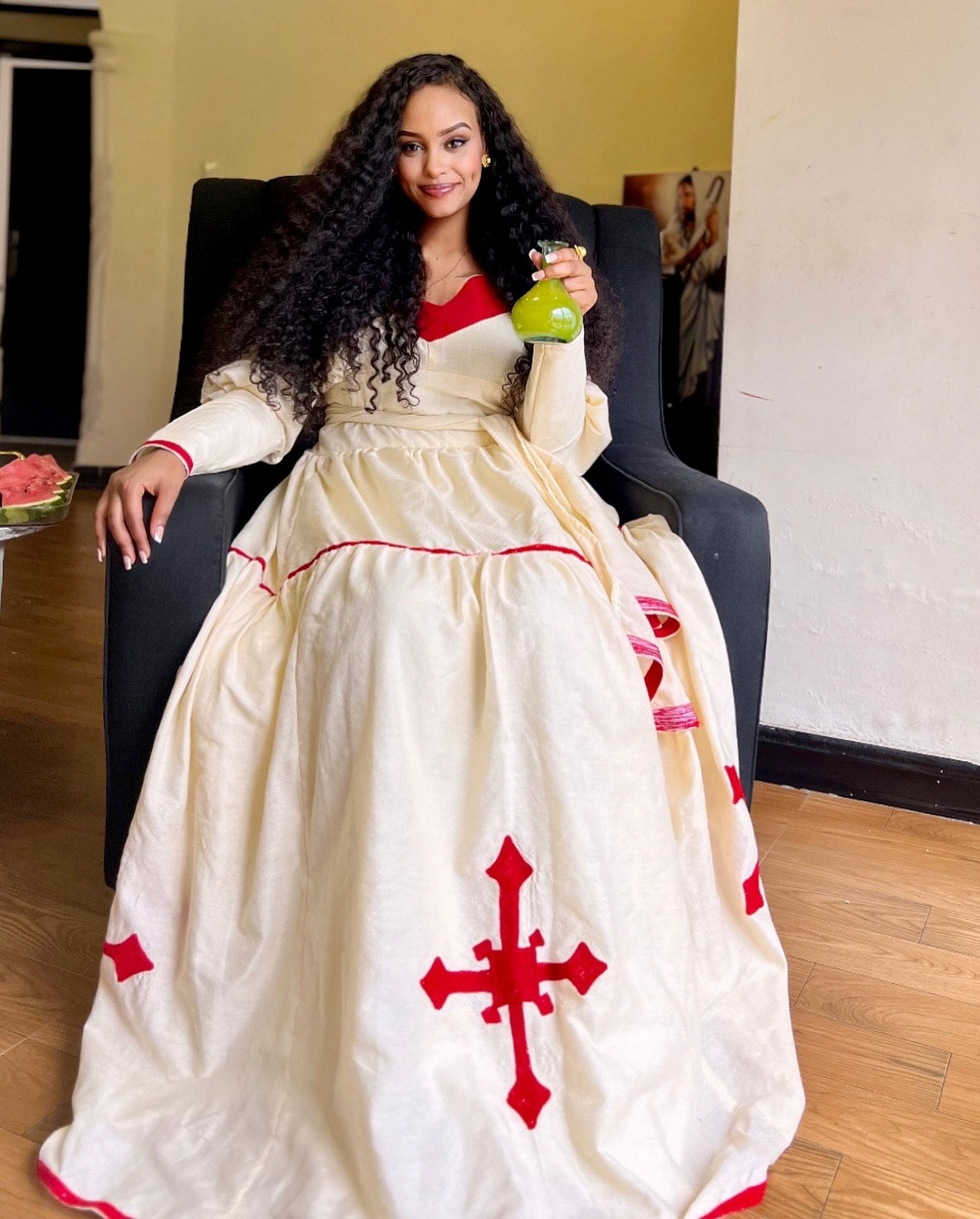 Ethiopian Clothing with Red Embroidery Cross Design Habesha Dress Long Sleeve Habesha Kemis 377