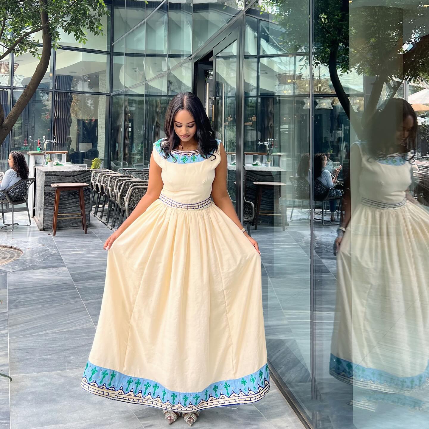 Ethiopian Traditional Dress Blue And Green Embroidery Habesha Kemis Handwoven Habesha Dress 378
