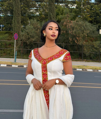 Habesha Kemis With Red Embroidery Short Sleeve Habesha Dress Ethiopian Dress For Festive 390