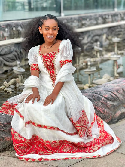 Exquisite Traditional Ethiopian Dress Charming Habesha Kemis Red Woven Habesha Dress 395