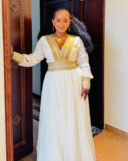 Golden Woven Habesha Kemis Long Sleeve Habesha Dress Ethiopian And Eritrean Dress 403