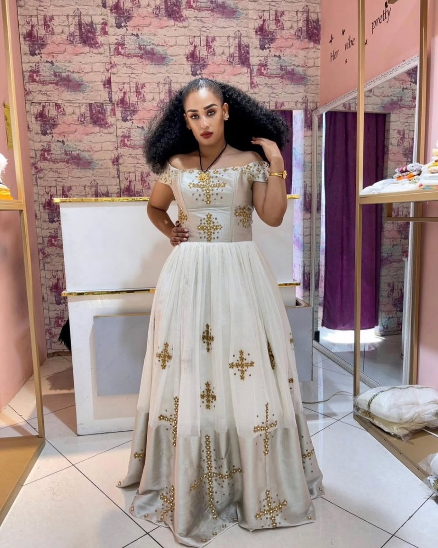 Off-shoulder Habesha Kemis Ethiopian Wedding Dress Beautiful Habesha Dress 406