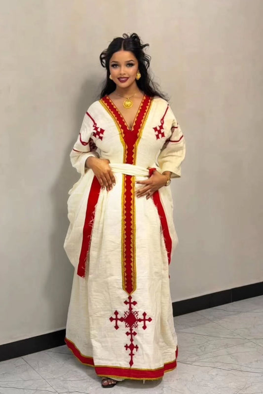 Traditional Ethiopian Clothing Red Woven Habesha Kemis Design Festive Habesha Dress 411