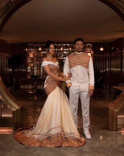 Royal Matching Couple's Set  Off-the-Shoulder Habesha Dress and Coordinating Embroidered Men's Suit 969