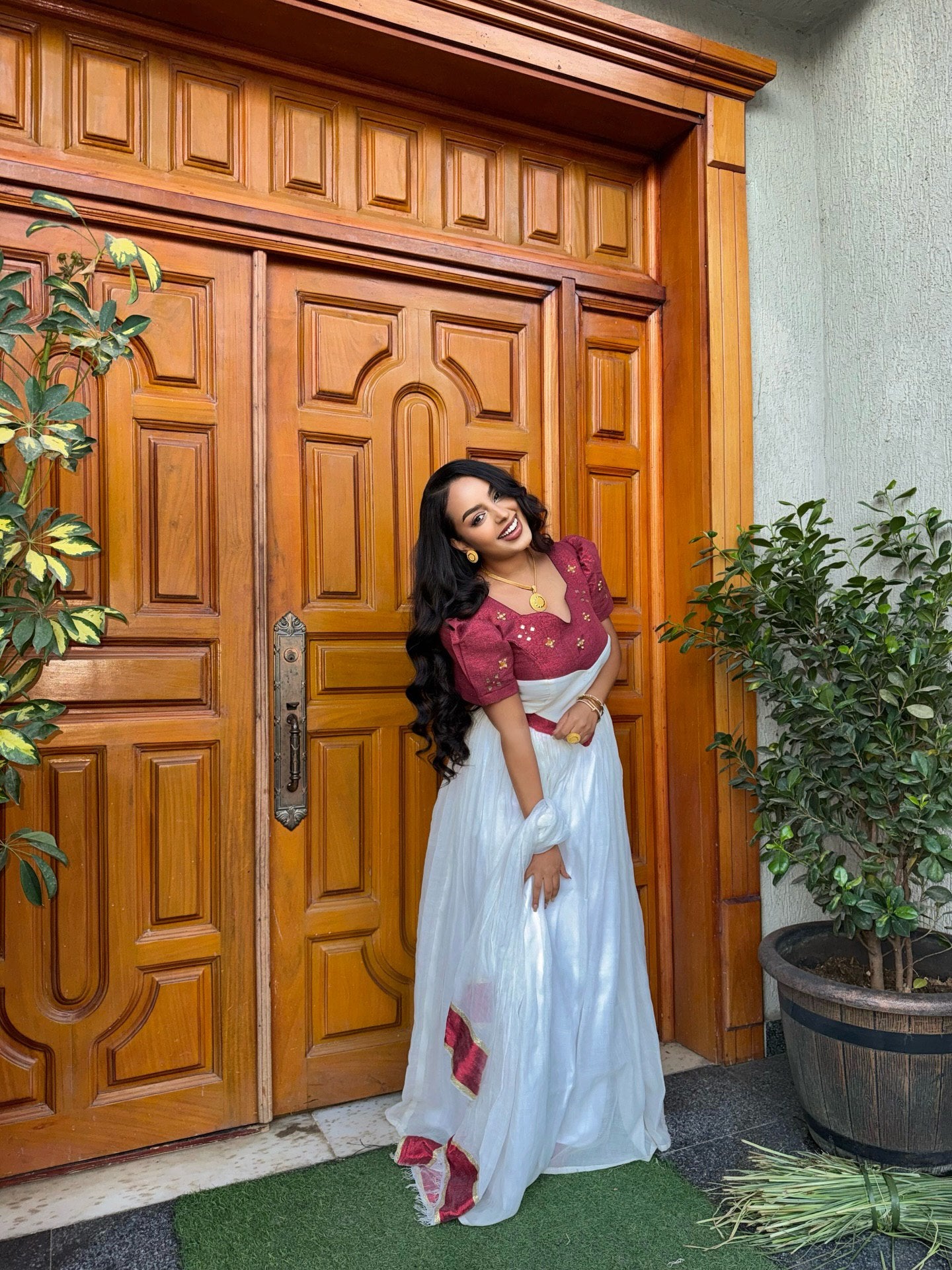 Burgundy and White Habesha Kemis Short Sleeve Habesha Dress Classic Ethiopian Dress 429