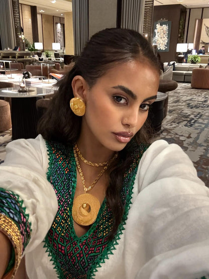 Ethiopian Traditional Dress Long Sleeve Habesha Dress Green Woven Design Habesha Kemis 434