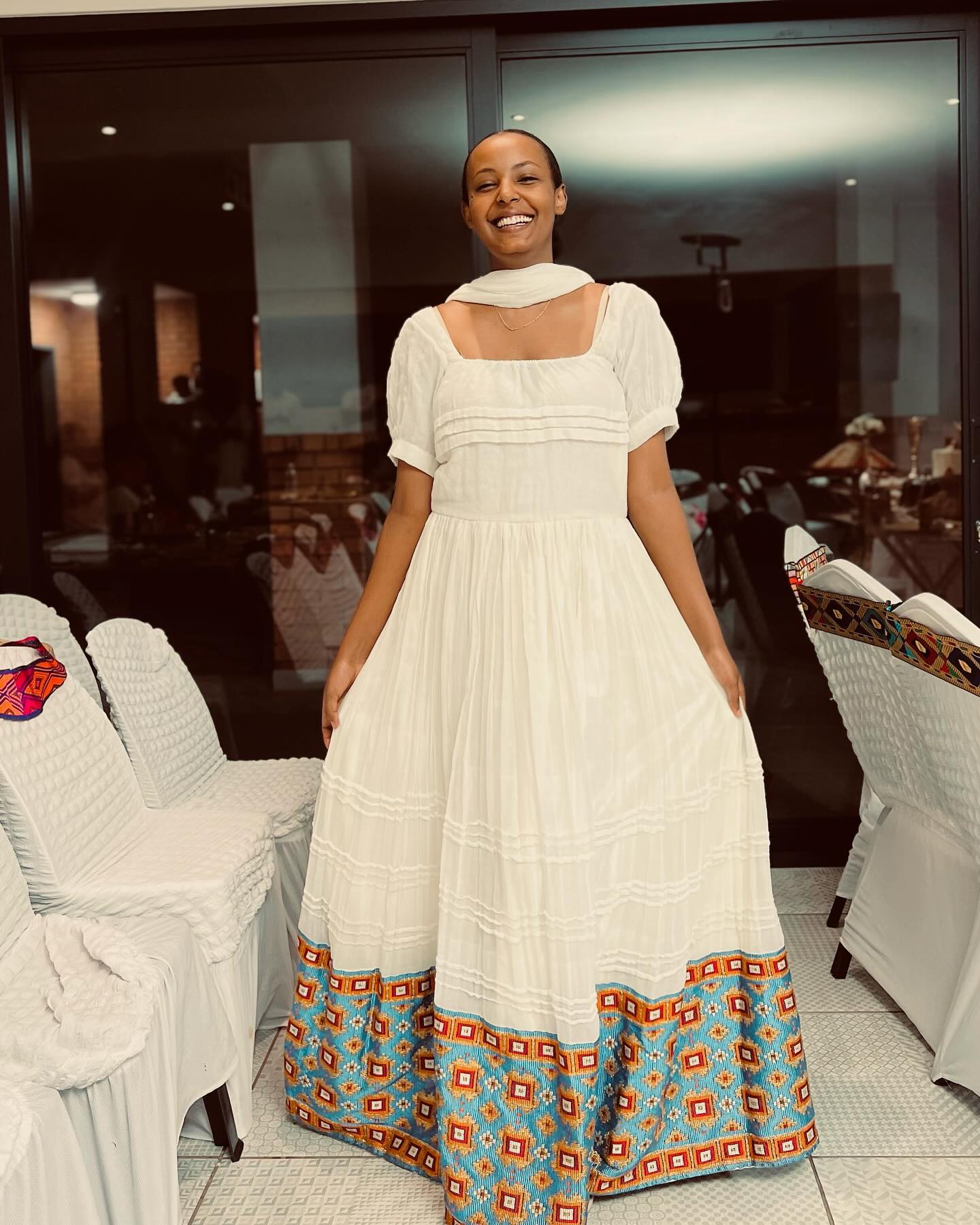 Elegant White Habesha Kemis Traditional Habesha Dress with Colorful Hem Detail Ethiopian Dress 449