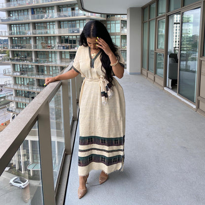 Neutral Tone Habesha Kemis V-Neck Habesha Dress Woven Detail Ethiopian Dress 450