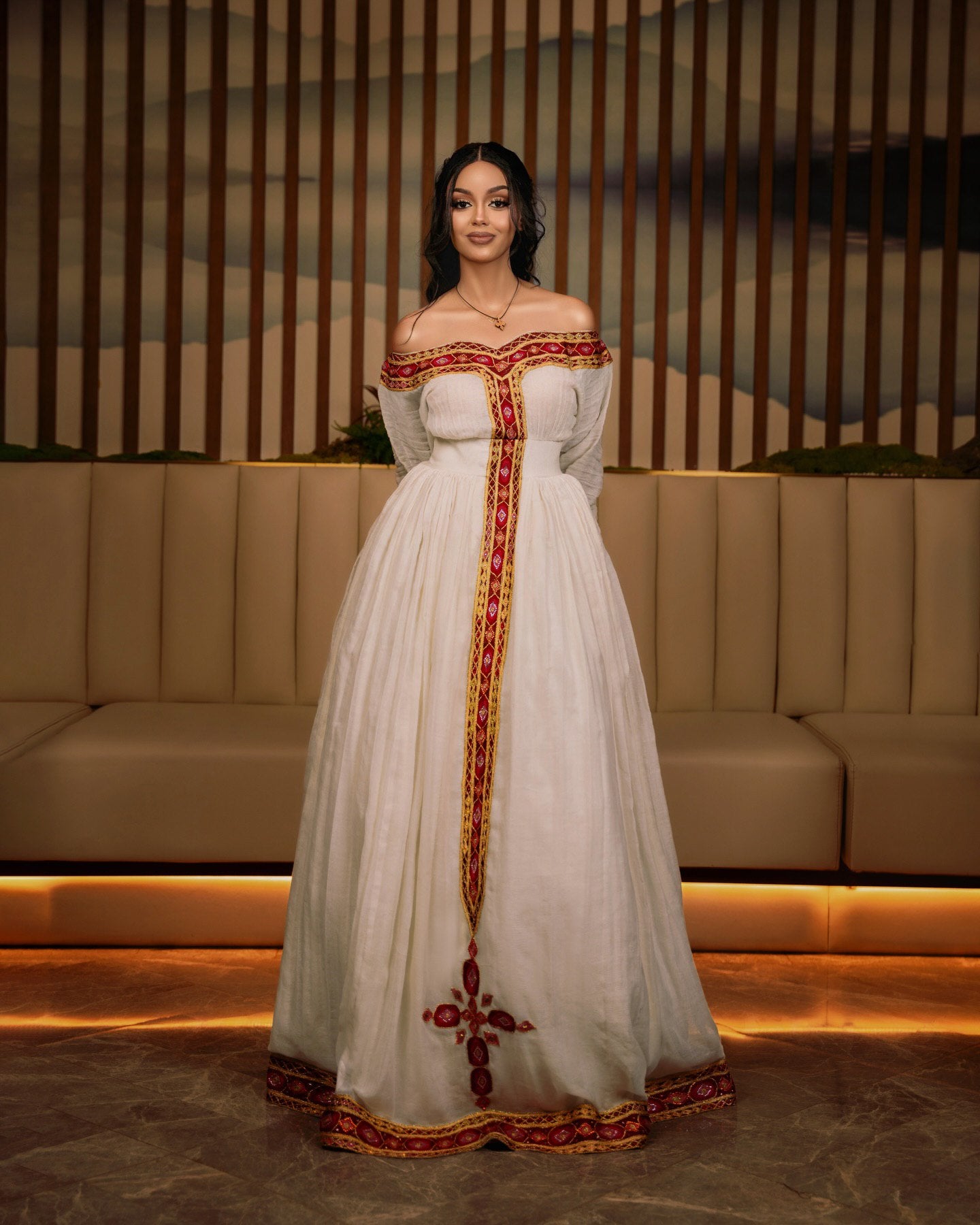 Off-shoulder Design Habesha Dress Red And Golden Embroidery Habesha Kemis Stylish Ethiopian Dress 454