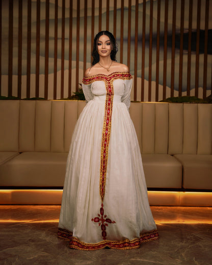 Off-shoulder Design Habesha Dress Red And Golden Embroidery Habesha Kemis Stylish Ethiopian Dress 454