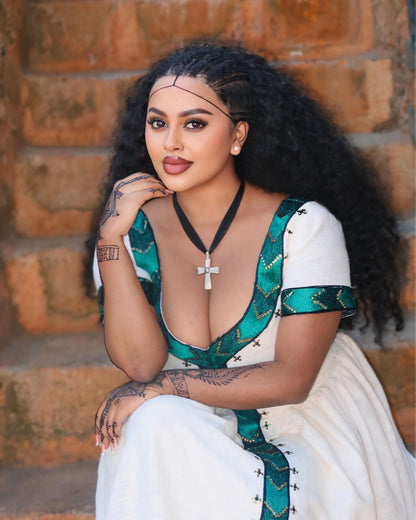 Short Sleeve Habesha Kemis Green Embroidery Habesha Dress Ethiopian Traditional Dress 462