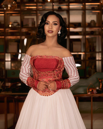 Off-Shoulder Habesha Dress Red Embroidery Ethiopian Wedding Dress Graceful Habesha Kemis 466