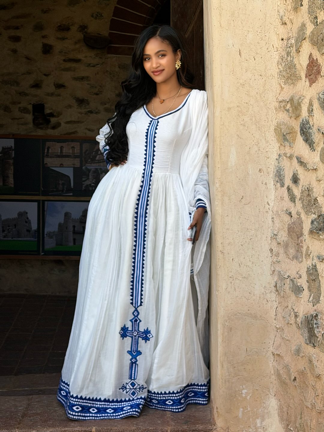 Long Sleeve Habesha Dress Habesha Kemis with Blue Woven Detail Ethiopian Dress Style 470