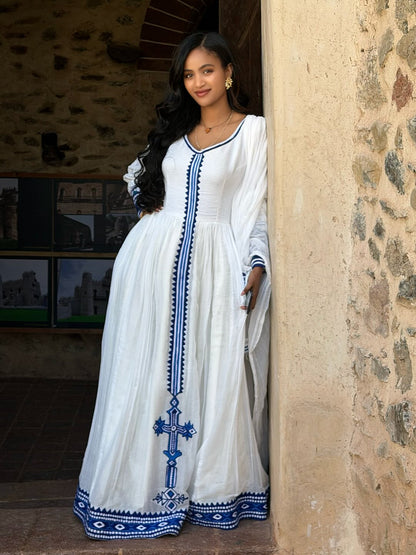 Long Sleeve Habesha Dress Habesha Kemis with Blue Woven Detail Ethiopian Dress Style 470
