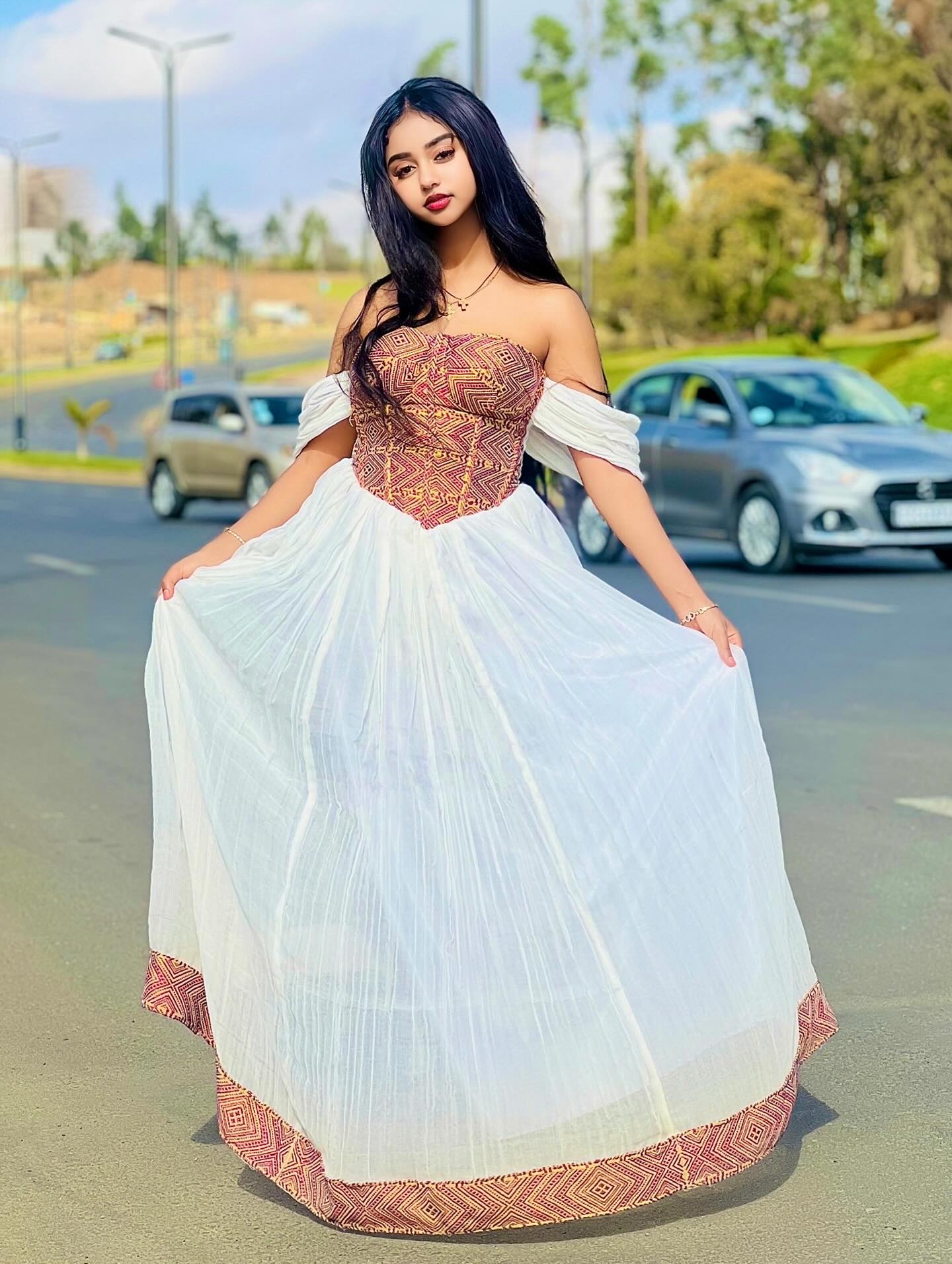 Graceful Habesha Dress Woven Bodice and Flowing White Silhouette habesha Kemis Ethiopian Clothing 471