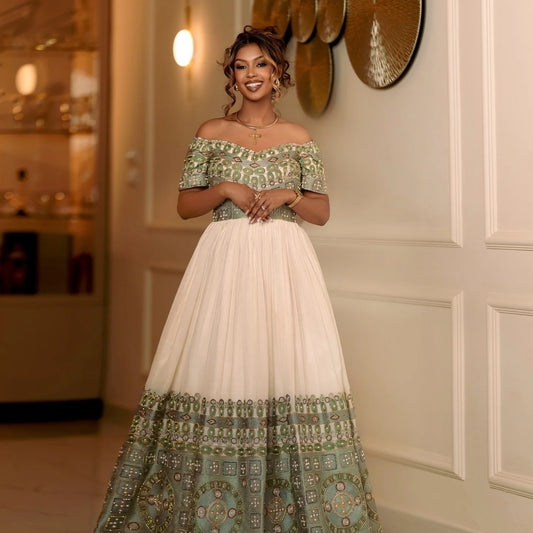 Habesha Traditional Wedding Dress with Green Embroidery