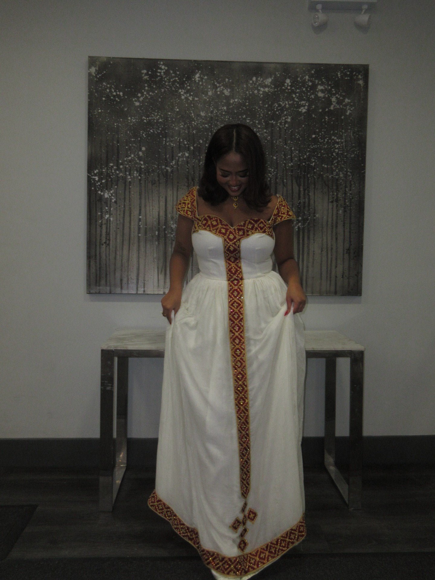 Short Sleeve Ethiopian Clothing Habesha Kemis in Gold and Red Charming Habesha Dress 488