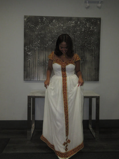 Short Sleeve Ethiopian Clothing Habesha Kemis in Gold and Red Charming Habesha Dress 488